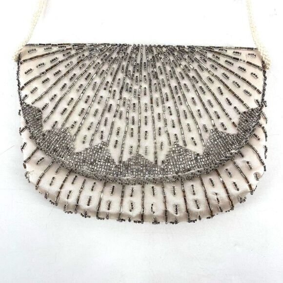 Vintage Magid Women's Silver Beaded Satin Purse Clutch Shoulder Bag White Small - Picture 1 of 15